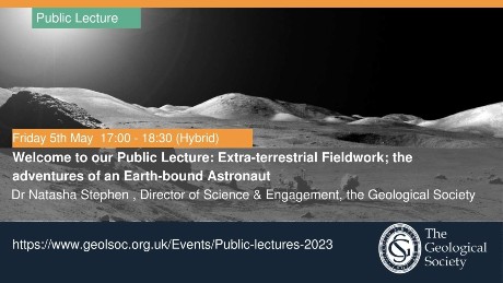 public lecture written at the top of an image of the surface of the moon. written below is 5th may 5pm to 6.30pm. extra terrestrial fieldwork the adventures of an Earth bound Astronaut